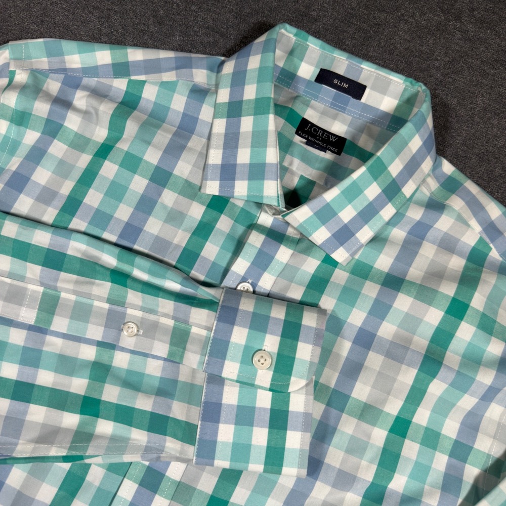 J.Crew Button Down Shirt Mens Medium Green Gingham Slim Flex Wrinkle Free Preppy